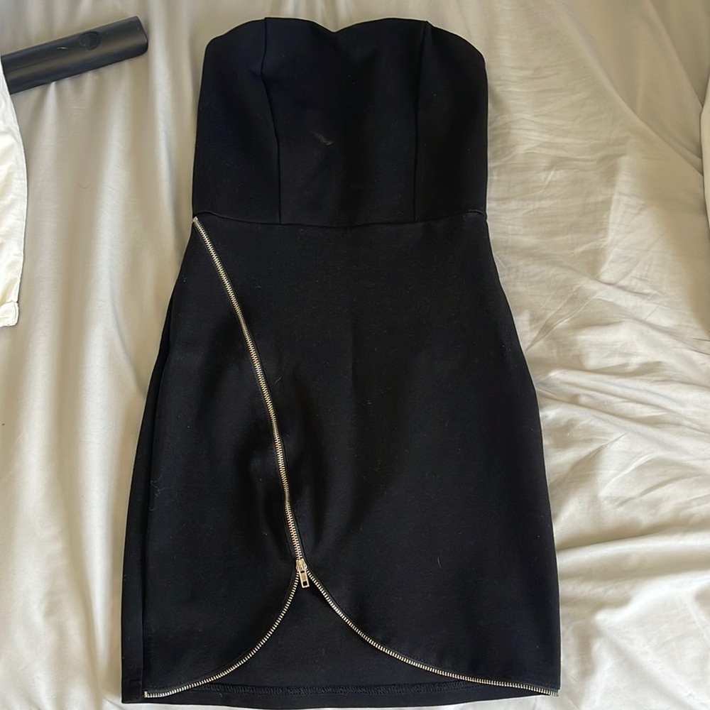 Black revolve super down dress with silver zipper